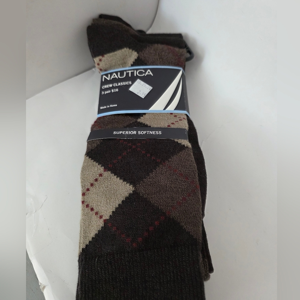 Nautica Mens Crew Classics Superior Softness 3 Pack Brown Argyle 2 Browns 8-12